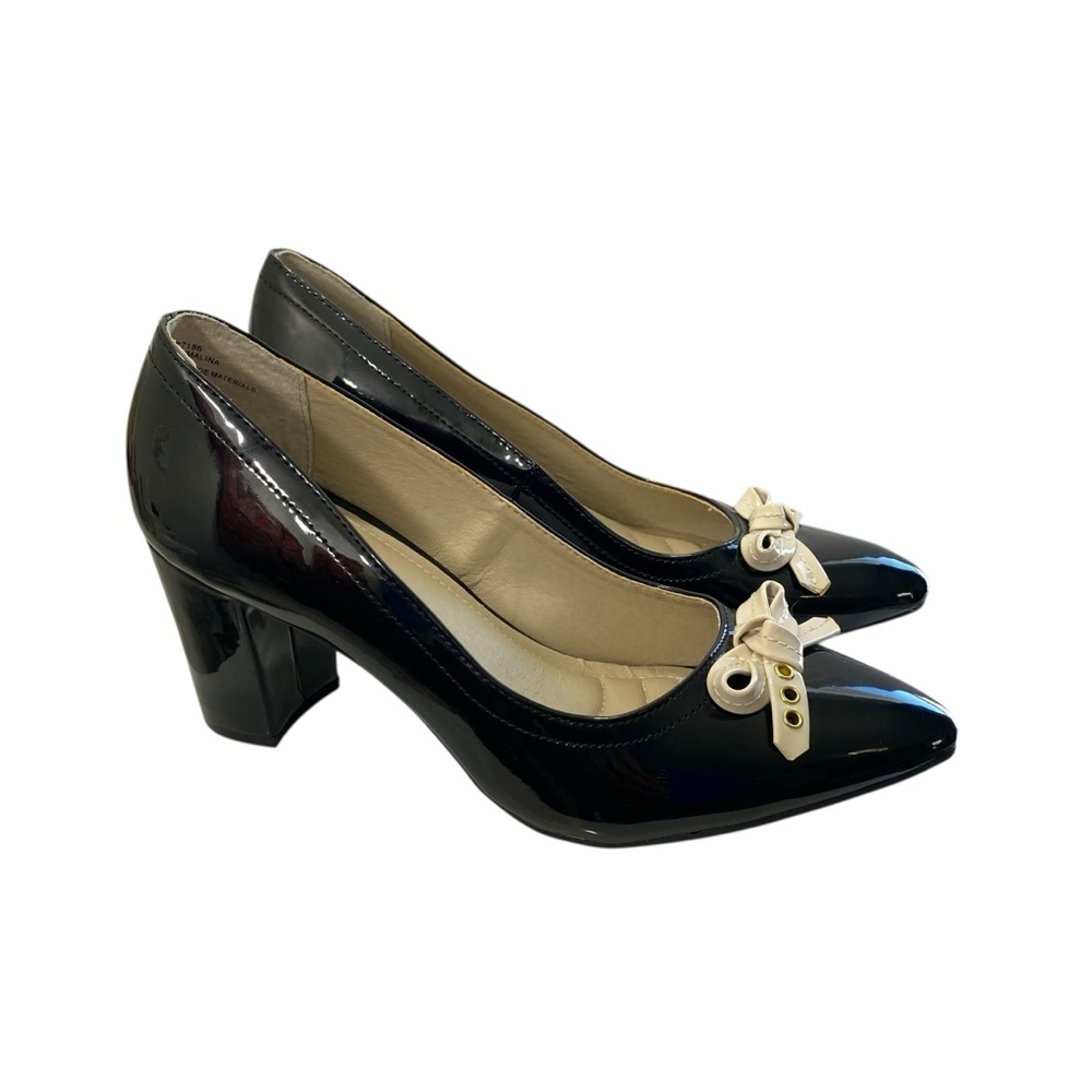 Patent Leather Pumps Pointed Toe Bow 8.5 Black Block Heel 8.5M Malina Office